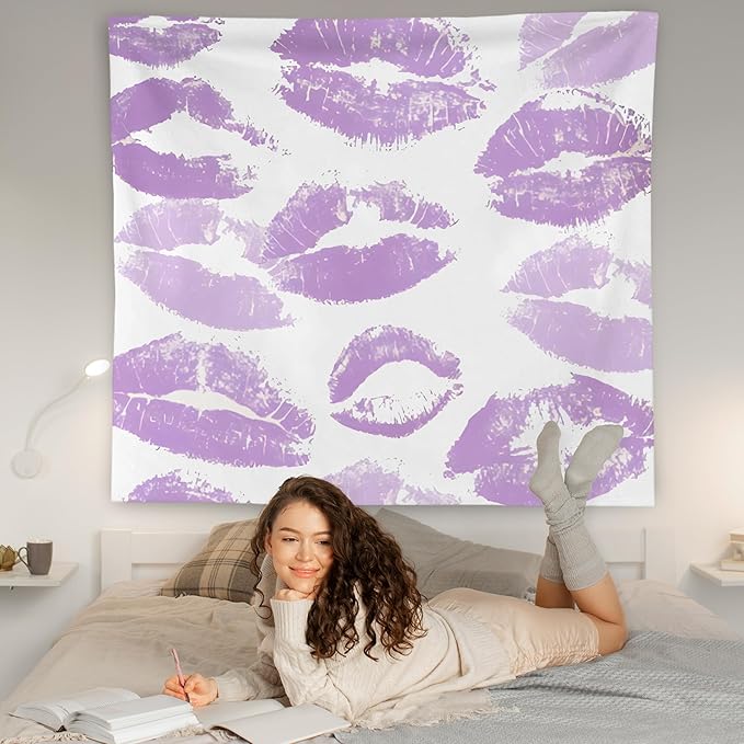 WNAGT Trendy Black and White Kiss Lips Tapestry Wall Hanging, Funky Makeup Wall Decor, Fashion Aesthetic Wall Blanket Decor for Girls Room College Dorm Makeup Room Beauty Room, 50x60 Inch