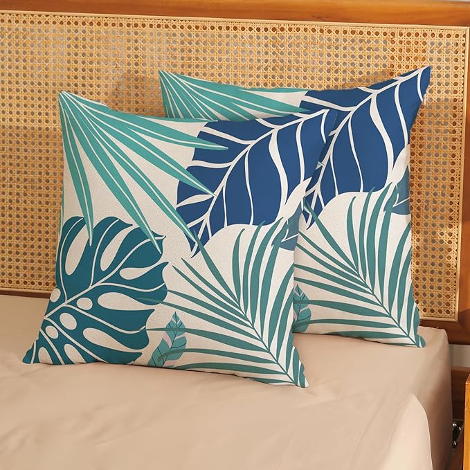 Tropical Pillow Covers 22x22 Set of 2 Navy Blue Aqua Teal Monstera Palm Leaf Pillowcase Tropical Summer Outdoor Decorations Throw Pillows Linen Decor Botanical Plant Cushion Case for Home Bed