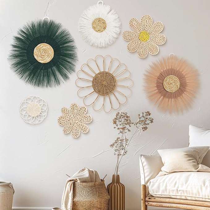 Chunful 7 Pcs Boho Wall Basket Decor Rattan Flower Wall Decor Nursery Daisy Flower Woven Macrame Hanging Flowers for Baby Kids Girls Farmhouse Bedrooms Living Rooms Kitchen Home(Emerald Green)