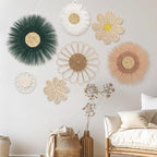 Chunful 7 Pcs Boho Wall Basket Decor Rattan Flower Wall Decor Nursery Daisy Flower Woven Macrame Hanging Flowers for Baby Kids Girls Farmhouse Bedrooms Living Rooms Kitchen Home(Emerald Green)