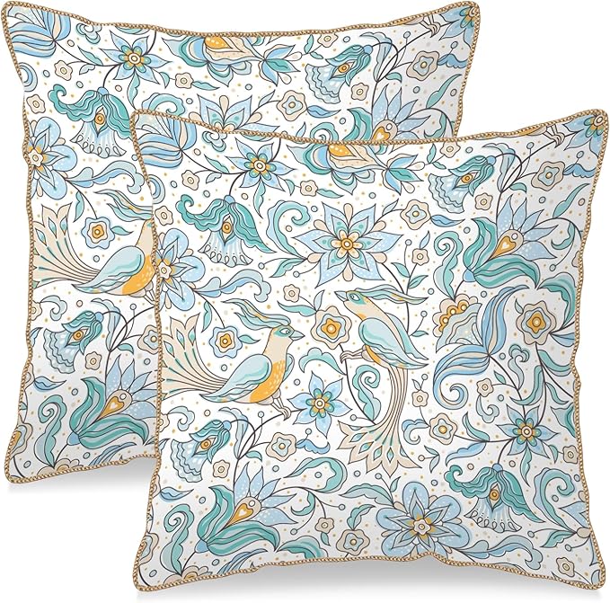 KSLIDS Vintage Floral Soft Velvet Throw Pillow Covers Set of 2 Blue Yellow Flower Birds Decorative Pillow Covers 20x20 Inch Chinoiserie Country Pillow Case for Sofa Couch Bedroom Farmhouse Home Decor