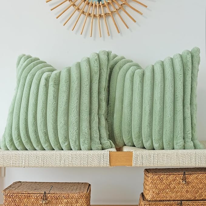 JOJUSIS Pack of 2 Faux Fur Plush Decorative Throw Pillow Covers Couch Cushion Case Soft Pillowcases (Sage Green, 18 x 18-Inch)