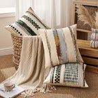 ANRODUO Pack of 1 Boho Decorative Throw Pillow Covers 18x18 Farmhouse Cushion Case Striped Chenille Pillow Cases Square Pillow Covers Accent Neutral Pillowcase for Sofa Couch Bed, Olive Green Stripe
