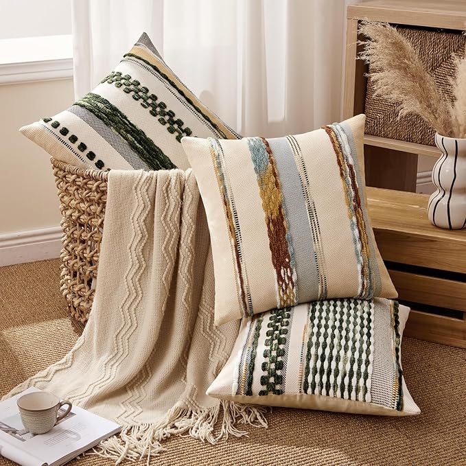 ANRODUO Pack of 1 Boho Decorative Throw Pillow Covers 18x18 Farmhouse Cushion Case Striped Chenille Pillow Cases Square Pillow Covers Accent Neutral Pillowcase for Sofa Couch Bed, Blue-Earth Tones