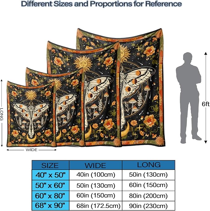 Lifeel Orange Moth Throw Blanket, Retro Boho Flower Butterfly Sun Moon Star Aesthetic Cozy Decor Nap Blankets Gift Sofa Bed Couch Chair or Dorm Throws 60×80 inches