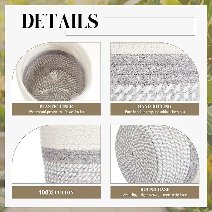 3 Pcs Cotton Rope Plant Basket with Plastic Liner Rustic Plant Basket Planters Modern Woven Decorative Pots for Home Flower Indoor Storage Decor, 7.5 x 6.5 Inches(White, Gray)