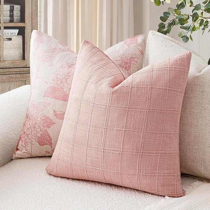Foindtower Set of 2 Decorative Linen Check Throw Pillow Covers Neutral Farmhouse Vintage Cushion Covers Modern Boho Accent Home Decor for Sofa Chair Couch Bedroom Living Room,18×18 Inch,Light Pink
