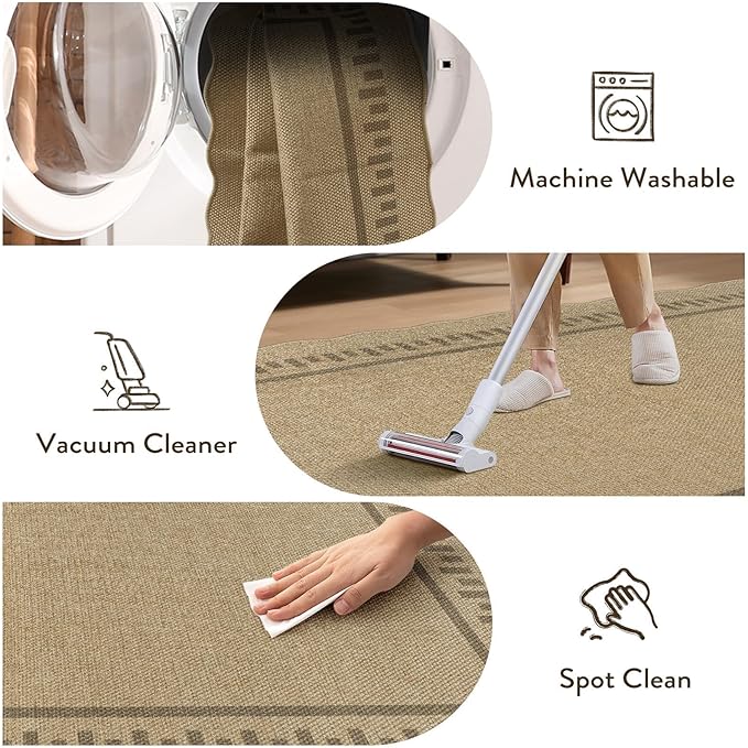 LIVEBOX Scalloped Washable 2x6 Runner Rug, Easy Jute Outdoor Rug Kitchen Tan Rugs for Entryway Hallway, Indoor Non Slip Rugs Farmhouse Geometric Modern Carpet for Laundry Room Bedroom Door Mat Porch
