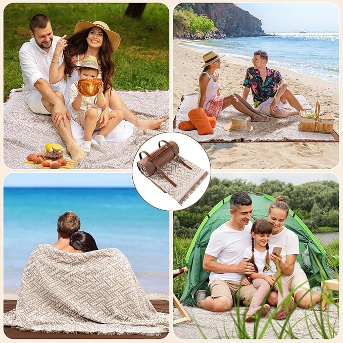 VitalCozy Waterproof Picnic Blankets 71×71 inch Outdoor Blanket Foldable 2 in 1 Double Layer Sandproof Beach Mat with Carry Strap for Camping Lawn Park Beach Grass(Khaki)