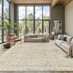 9x12 Area Rugs for Living Room Bedroom, Large Washable Rug, Beige Vintage Retro Boho Rug, Non Slip & Low Pile Faux Wool Carpet for Indoor Dining Room and Kids Room(Beige 9x12ft)