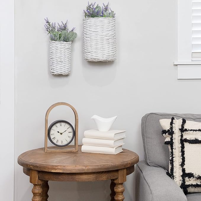 AuldHome Design Wall Hanging Baskets (White, Set of 2); Woven WIcker Rustic Farmhouse White Washed Door Baskets, Small and Medium Size (Pack of 2)