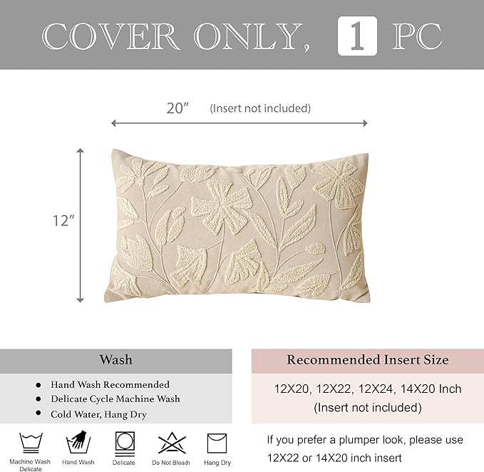 BlissBlush 12x20 Lumbar Pillow Cover, Rectangular Neutral Beige Decorative Throw Pillowcase for Couch Sofa, Embroidered Velvet Farmhouse Accent Cushion (Cover Only)