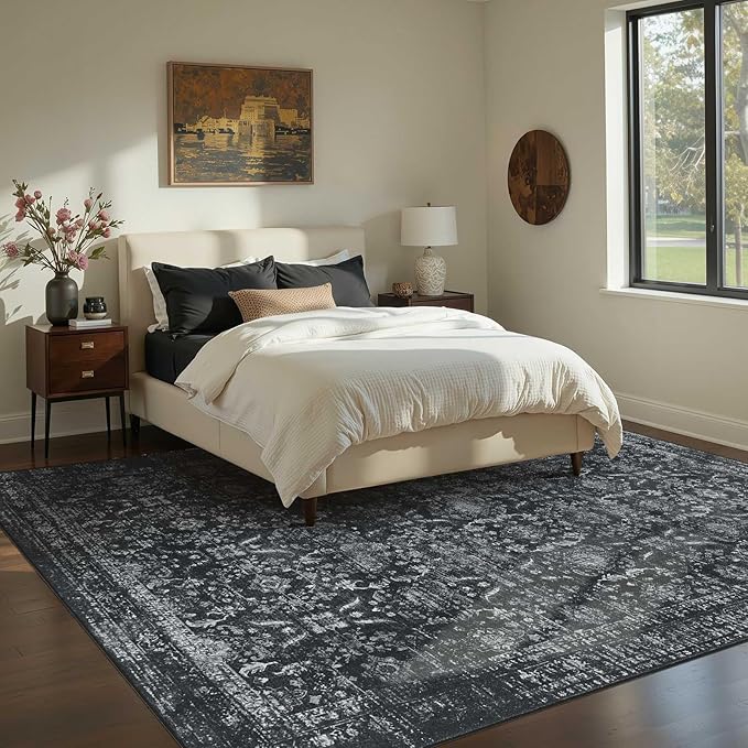 6x9 Area Rugs for Living Room Bedroom, Large Washable Rug, Black Vintage Floral Boho Style, Non Slip & Low Pile Carpet for Indoor Dining Room, Dorm and Kids Room(Black 6x9ft)