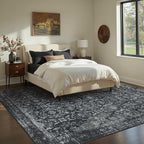 6x9 Area Rugs for Living Room Bedroom, Large Washable Rug, Black Vintage Floral Boho Style, Non Slip & Low Pile Carpet for Indoor Dining Room, Dorm and Kids Room(Black 6x9ft)