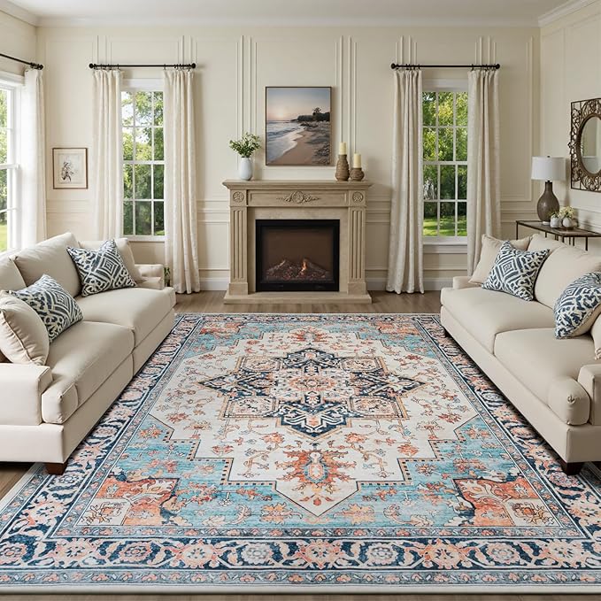 Lessymo 9×12 Area Rugs Washable for Living Room, Large Soft Indoor Rug Non-Slip for Bedroom Kitchen Dining Room Dorm Nursery, Vintage Boho Carpet Stain Resistant for Office Home Decor, Orange/Blue