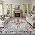 Lessymo 9×12 Area Rugs Washable for Living Room, Large Soft Indoor Rug Non-Slip for Bedroom Kitchen Dining Room Dorm Nursery, Vintage Boho Carpet Stain Resistant for Office Home Decor, Orange/Blue