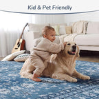 Lessymo 5x7 Area Rugs for Living Room, Machine Washable Non Slip Rug, Soft Low Pile Carpet for Bedroom Dining Home Office, Vintage Blue/White Distressed Floral Floor Mat