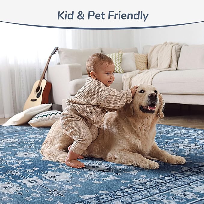 Lessymo 5x7 Area Rugs for Living Room, Machine Washable Non Slip Rug, Soft Low Pile Carpet for Bedroom Dining Home Office, Vintage Blue/White Distressed Floral Floor Mat