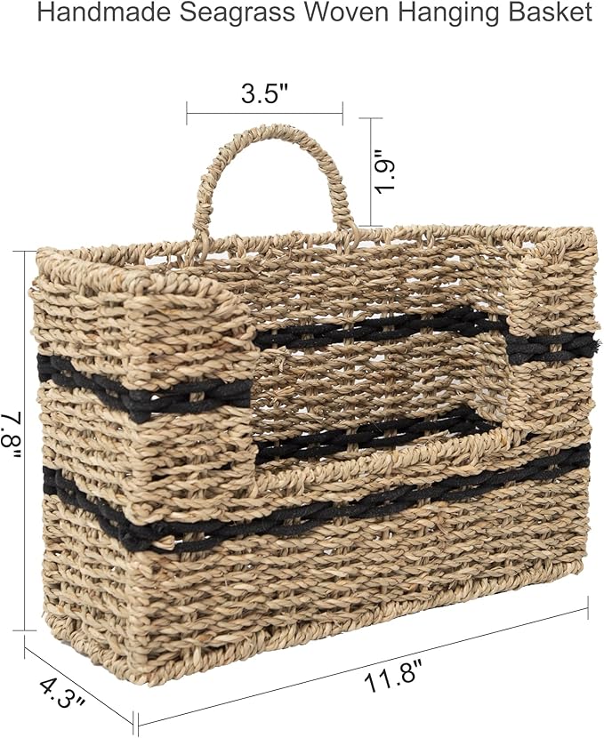 Handmade Seagrass Woven Hanging Basket with Black Cotton Rope - 11.81 x 4.33 x 7.87 Inches - Ideal for Wall Decor & Storage (Rectangular opening)