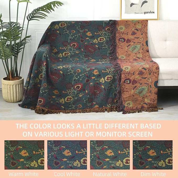 Boho Throw Blanket for Bed - 100% Pure Cotton Ultra Soft Rustic Quilt - Farmhouse Decor Bed Blankets, All Season Rustic Throw for Sofa Couch Chair(50"×60", Boho Floral)