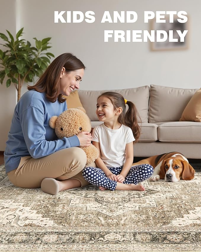 6x9 Area Rugs for Living Room, Washable Rug with Non-Slip Backing, Ultra-Thin Rugs for High-Traffic Areas, Super-Soft Floral Vintage Farmhouse Large Area Rug (Brown/Beige, 6'x9')