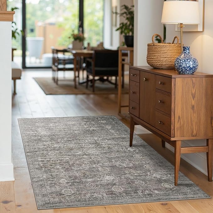 3x5 Rug for Entryway Bedroom, Grey 3x5 Washable Area Rug, Vintage Retro Boho Throw Rug, Non Slip & Low Pile Small Carpet for Indoor Kitchen, Bedside, Living Room, Bathroom and Dining