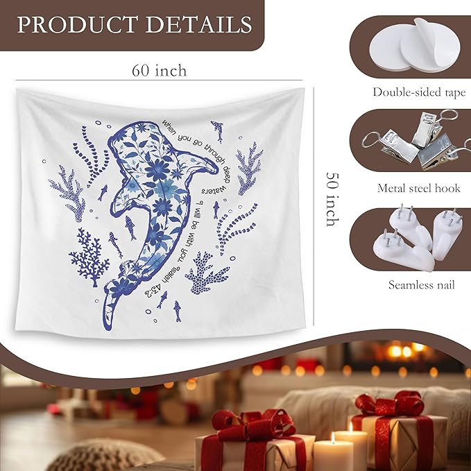 HUGANE Blue Whale Shark Ocean Christian Tapestry, Coastal Beach Sea Floral Coral Plant Wall Tapestries, Isaiah 43:2 Bible Verse Religious Hanging Wall Decor for Bedroom Beach House Cabin