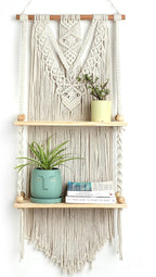 Macrame Wall Hanging Shelf - Boho Shelves Bedroom Decor | Macrame Wall Decor for Kitchen, Plant Hanger Shelves, Woven Rope Floating Shelves & Home Storage Organizer - 2 Tier