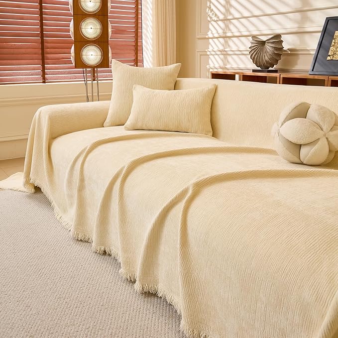 ROOMLIFE Sofa Cover, Boho Couch Cover for 3 Cushion Sofa, Non Slip Chenille Sofa Slipcovers for Dog, Washable Furniture Sofa Protector Cover with Tassel for Living Room, 71''X118”