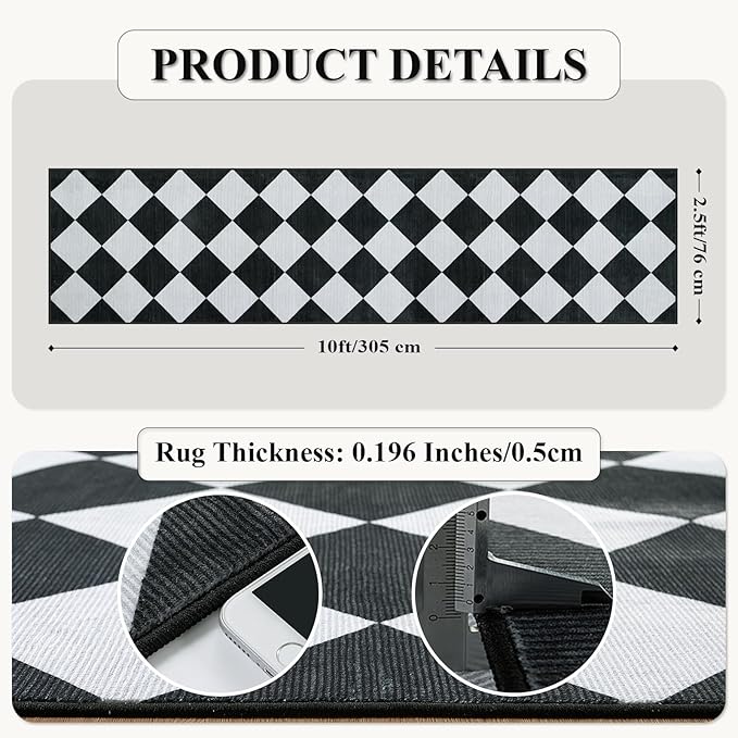 Beeiva Checkered Print Washable Rug Runners for Hallways Non Slip 2.5x10, Ultra Thin Black Kitchen Runner Stain Resistant Hallway Runner Rug 10 ft, Checkerboard Carpet for Bathroom Entryway Decor