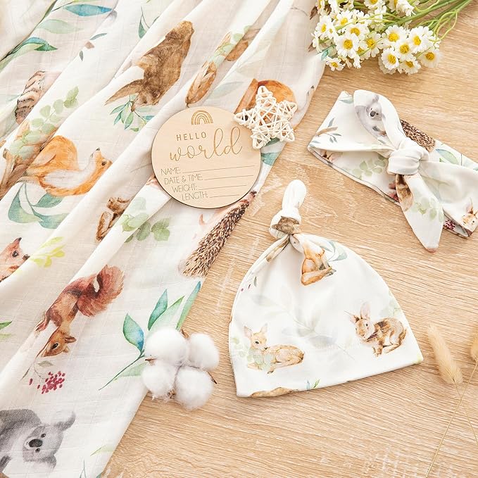 BabyWhale Muslin Swaddle Blanket with Hat and Headband Bow, Animals Print Swaddle Set for Baby Boys ＆ Girls, Newborn Silky Soft Receiving Blanket Wrap, 47x47 inches