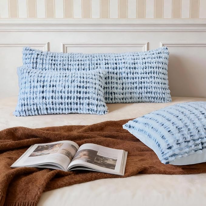 Boho Chenille Tufted Pillow Cover 14x36 Inch Set of 1, Farmhouse Striped Decorative Pillow Covers Accent Fluffy Neutral Long Body Bolster Pillow for Couch Sofa Bedroom Living Room, Blue White