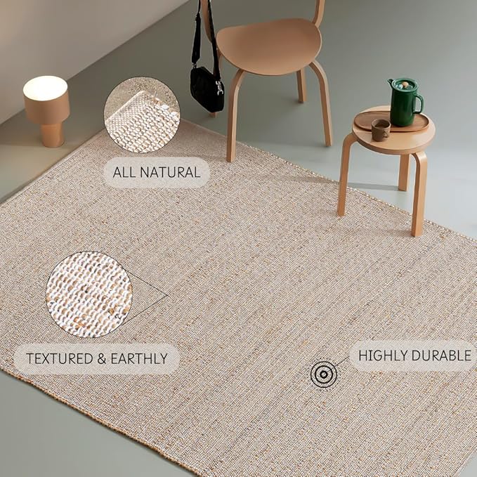 Savi Home Jute Cotton Rug 6'x9' ft – Hand Woven Soft Cotton Jute Area Rug, Natural Farmhouse Décor for Living Room, Rustic Vintage Boho Style Carpet