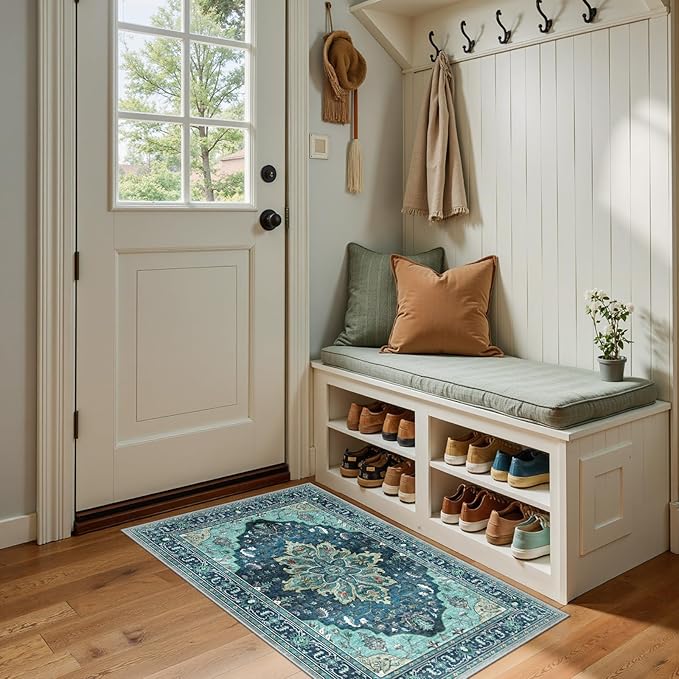 Area Rugs 2'x4' Kitchen Rugs Entry Rug Small Rugs for Entryway Kitchen Bathroom Door Mat Indoor Entrance,Washable Non Slip, Teal Green Lake Blue Turquoise