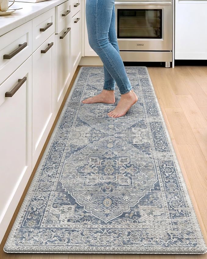 DEXI Kitchen Floor Mats Anti Fatigue, 23x86 Large Long Cushioned Vintage Runner Rug Waterproof, Standing Comfort Memory Foam Padded for Front Sink Laundry Office, Light Grey and Blue