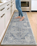 DEXI Kitchen Floor Mats Anti Fatigue, 23x86 Large Long Cushioned Vintage Runner Rug Waterproof, Standing Comfort Memory Foam Padded for Front Sink Laundry Office, Light Grey and Blue