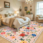 10x14 Area Rugs for Living Room: Floral Washable Rug Vintage Large Soft Boho Non-Slip Carpet Stain Resistant Low Pile Carpets for Bedroom Dining Room Farmhouse Nursery Hallway Home Office Beige
