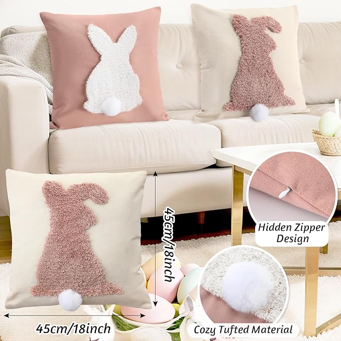 Tufting Easter Pillow Covers 18" x 18" Set of 2 Bunny Pillow Covers 3D Tufted Bunny Rabbit Throw Pillowcase Easter Decorative for Bedroom Sofa Home Decor(Beige, Light Pink)