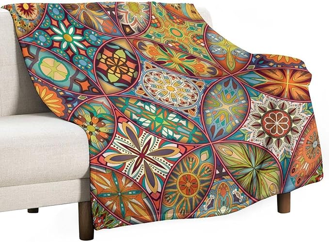 Boho Floral Throw Blanket Colorful Mandala Bohemian Indian Hippie Vintage Blanket for Sofa Bed Couch Chair or Dorm 60"x80"