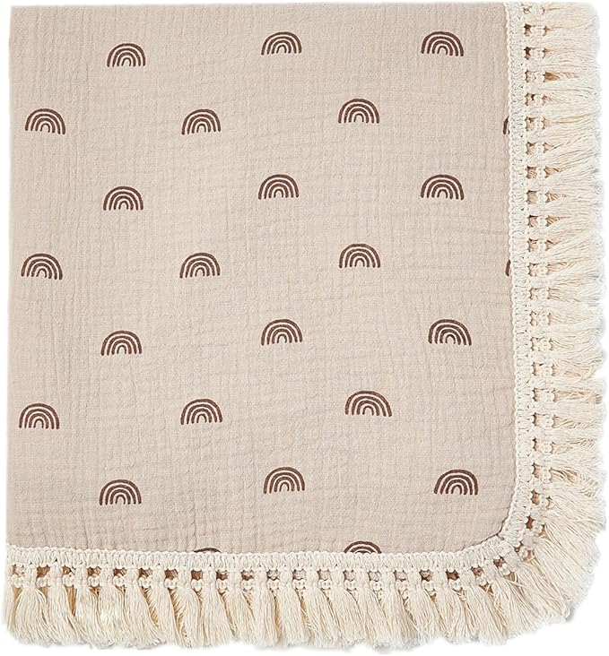 insular Cotton Muslin Baby Blanket with Tassel, Boho Bohemian Muslin Swaddle Blanket Baby Receiving Blanket with Fringe, Nursery Decor Throw or Nursing Blankets, 47" x40”, Khaki Rainbow