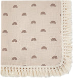 insular Cotton Muslin Baby Blanket with Tassel, Boho Bohemian Muslin Swaddle Blanket Baby Receiving Blanket with Fringe, Nursery Decor Throw or Nursing Blankets, 47" x40”, Khaki Rainbow