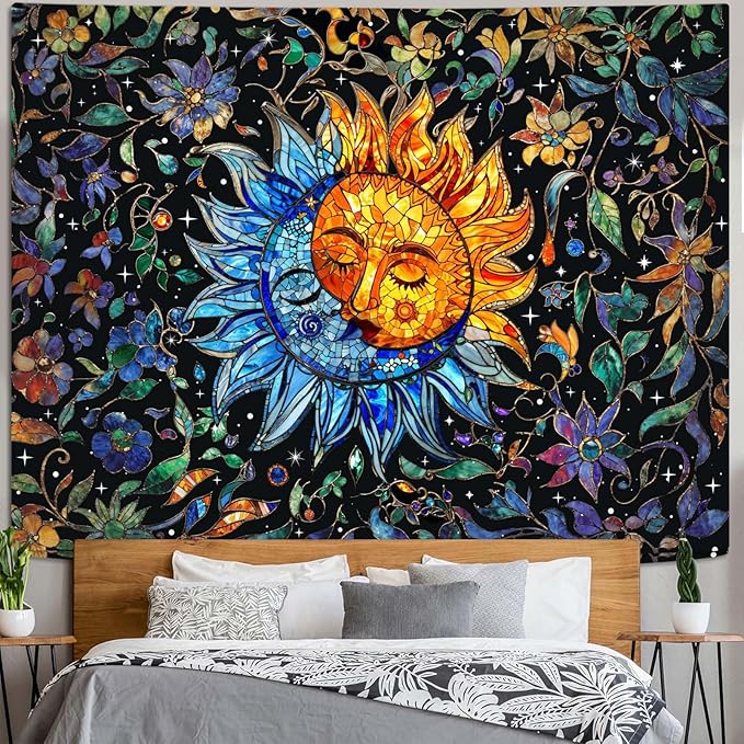 Accnicc Sun and Moon Tapestry Boho Hippie Floral Wall Tapestry for Bedroom Aesthetic Vintage Stained Glass Celestial Plant Extra Large Tapestries Wall Hanging for Living Room Dorm 90 x 68 Inch
