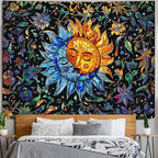 Accnicc Sun and Moon Tapestry Boho Hippie Floral Wall Tapestry for Bedroom Aesthetic Vintage Stained Glass Celestial Plant Extra Large Tapestries Wall Hanging for Living Room Dorm 90 x 68 Inch