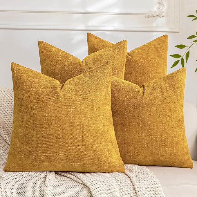 Set of 4 Soft Textured Decorative Throw Pillow Covers 18x18 Inch Cozy Farmhouse Cushion Cover Square Accent Pillow Cases for Bed Couch Sofa Living Room, Mustard Yellow