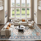 Lessymo 9×12 Area Rugs Washable for Living Room, Large Soft Indoor Rug Non-Slip for Bedroom Kitchen Dining Room Dorm Nursery, Vintage Boho Carpet Stain Resistant for Office Home Decor, Orange/Blue