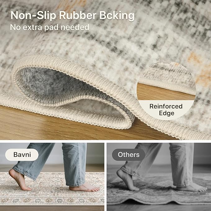 Bavni Washable Rugs 8x10-Machine Washable Rug Lightweight Low Pile, Vintage Floral Rug Non-Shedding Distressed Throw Carpet for Living Room Bedroom Office, Beige Gery