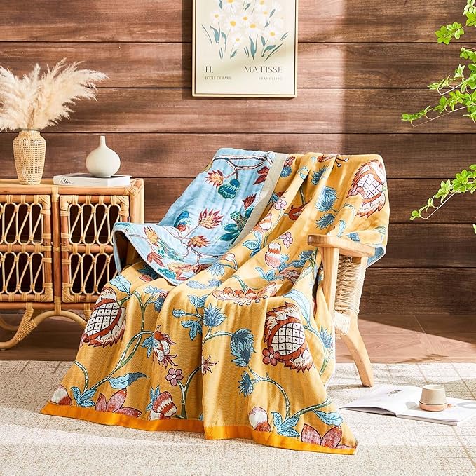 Boho Blanket Soft Muslin Boho Throw Blanket 100% Cotton Blanket All Seasons Reversible Rustic Floral Printed Vintage Rustic Farmhouse Decor Throw for Sofa Couch Chair (Yellow, 80"x90")
