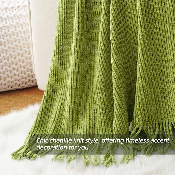 BATTILO HOME Apple Green Throw Blanket for Couch, Soft Chenille Knit Throws with Tassels for Home Decor, Spring Green Throws for Couch Cover, 60"x80"