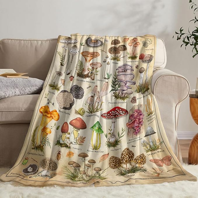 Mushroom Throw Blanket, Retro Soft Cozy and Warm Couch Blankets Gift for Mushroom Lover, Decorative Blankets for Sofa Couch Bed, Beige White 50×60 inches