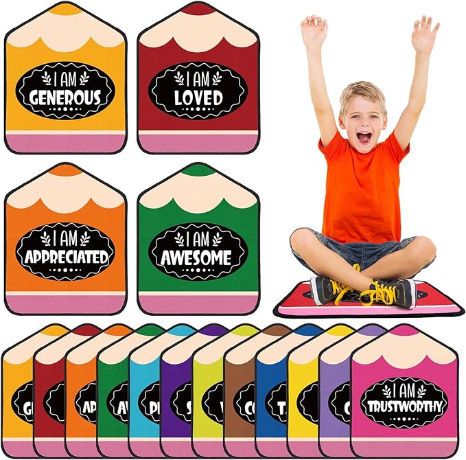 Tinideya 12 Pcs Kids Carpet Circle Seats for Class 16 Inch Round Classroom Rug Floor Cushions Soft First Day of School Educational Mat Non Slip Back to School Learning Playing Areas(Pencils)
